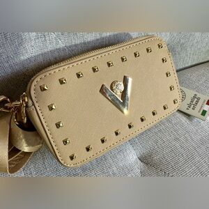 Valentino Orlandi Taupe Crossbody Camera Bag Gold Studded Guitar Strap NWT